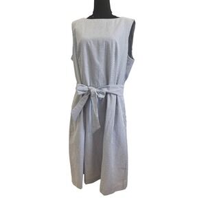 Anne Klein Blue White Striped Seersucker Sleeveless Belted Midi Dress Womens 16